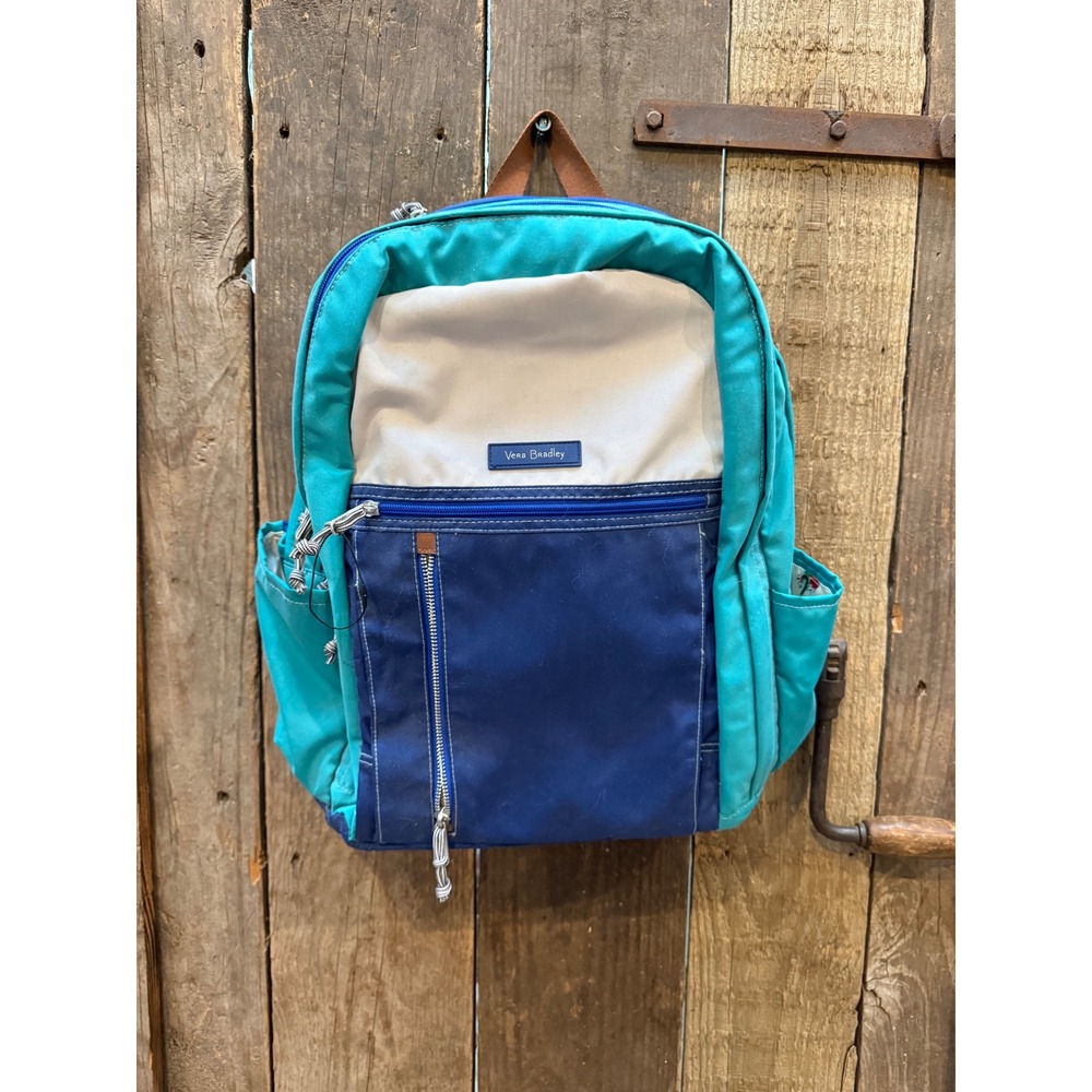 Vera Bradley Lighten Up Journey Backpack Teal Navy Bird Print Trolley Sleeve